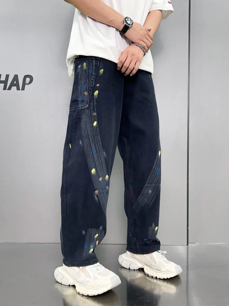 Calça Jeans Casual Solta Unissex de Verão Paris: Nova Coleção com Efeito Desconstruído e Salpicos de Tinta, Perna Reta em Algodão Denim
