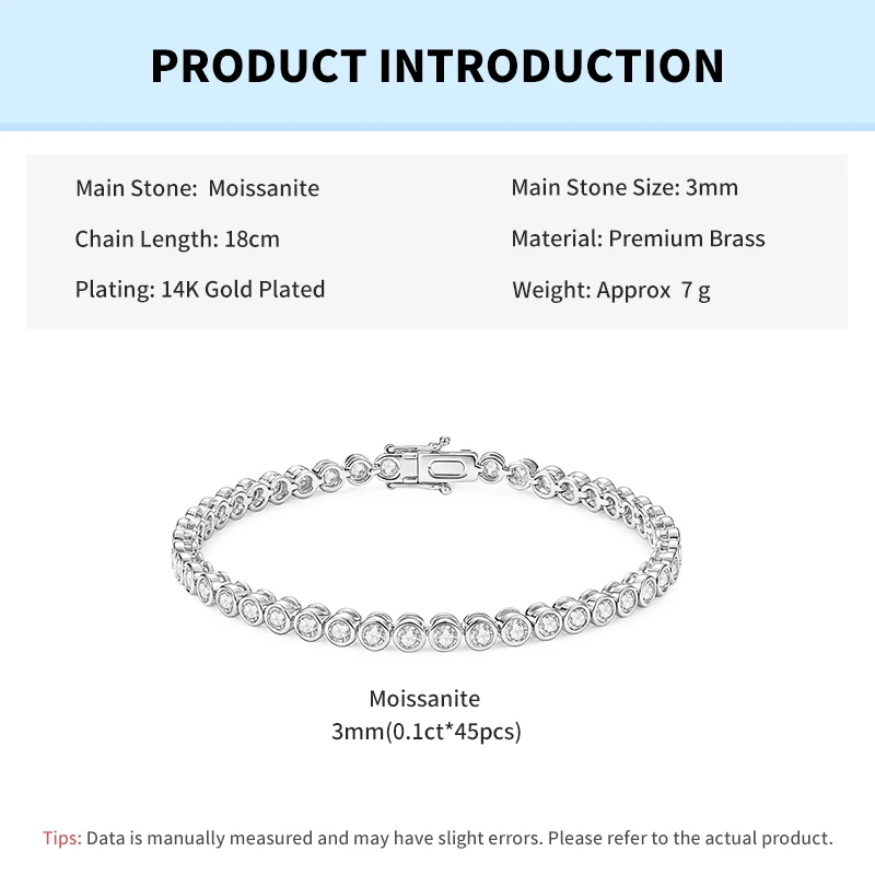 Rrjzz Vollständiges 3-mm-Moissanit-Armband mit rundem Schliff für Damen, D-Farbe, Laborimitation von Diamanten, 18 cm lange Kette, Tennisarmbänder, Schmuck, Geschenke – Detail 1