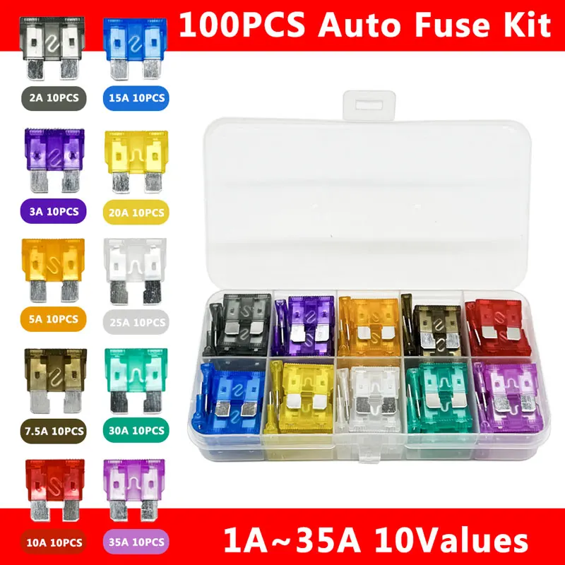 2a-35a Medium Car Fuse 10 Kinds 100pcs  Car Fuse Plug Assortment Ignition Headlight Air Conditioner Safety Tube Plugs