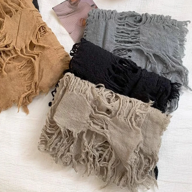 Vintage Wool Scarf Distressed Ragged Neck Scarf for Women Men Unisex Neck Warmer for Winter Outdoor Fashion Neckwear