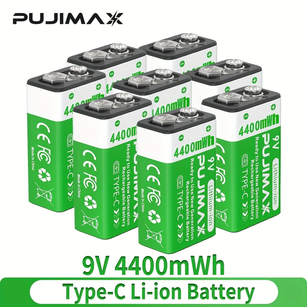PUJIMAX USB-C Rechargeable Lithium Battery 9V 4400mWh High Capacity Durable Square Battery Digital Multimeters Wireless Doorbell