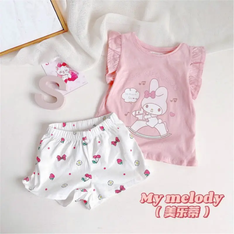 2Pcs Anime Sanrios Hello Kittys Girls Pajamas Set My Melody Children Home Clothes Cute Short Sleeve Shorts Summer Sleepwear New