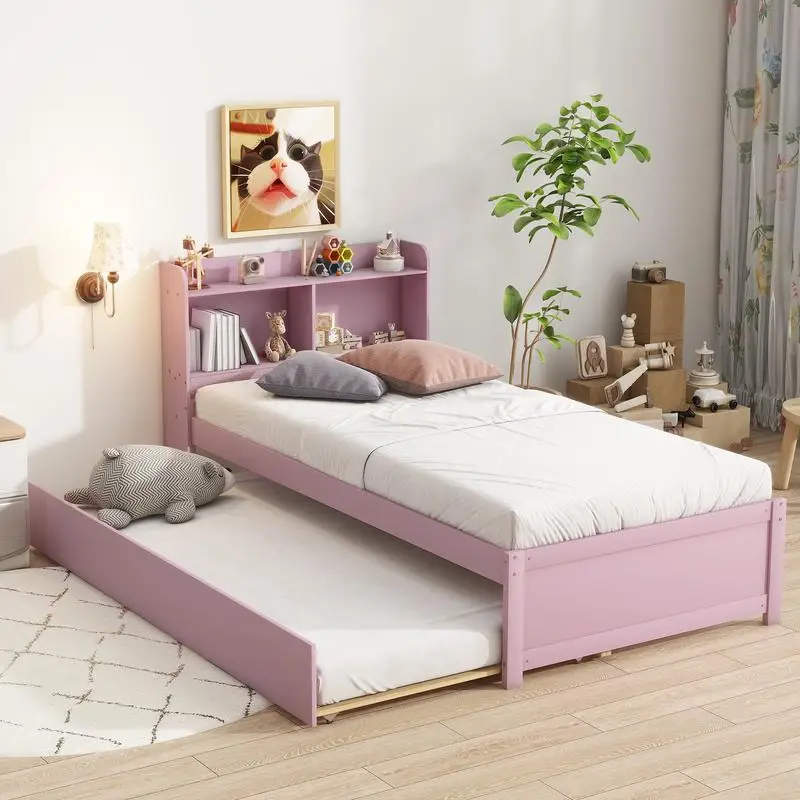 Letto singolo rosa con rotelle e libreria