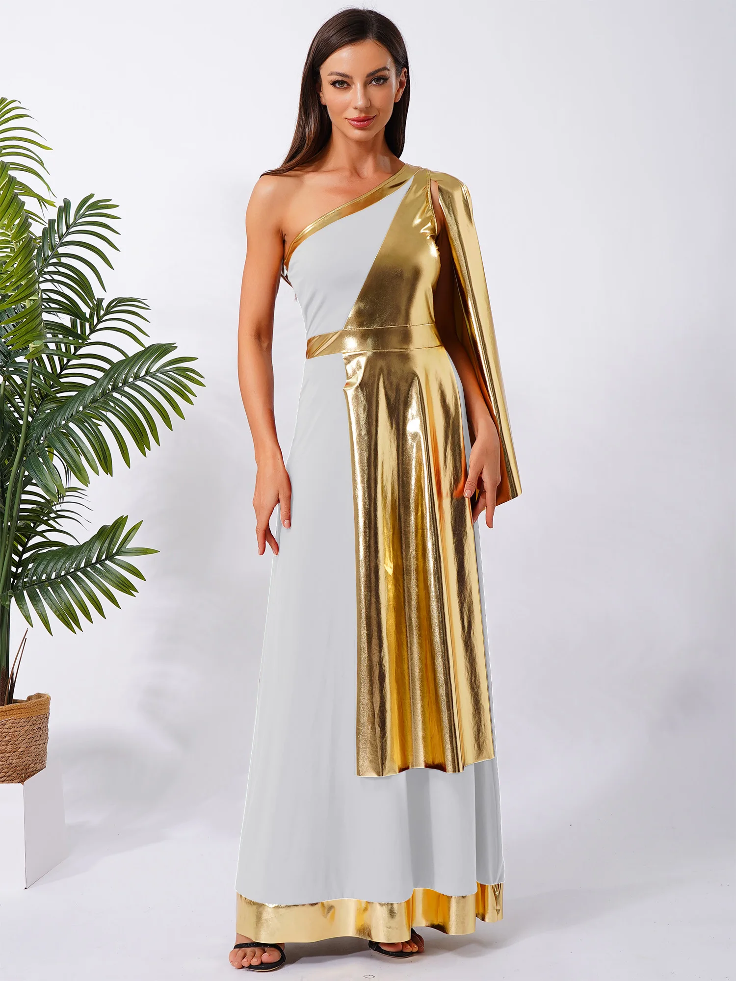 Women Ancient Greek Roman Beauty Tunic Dress One Shoulder with Drape Sleeveless Layer Toga Dress