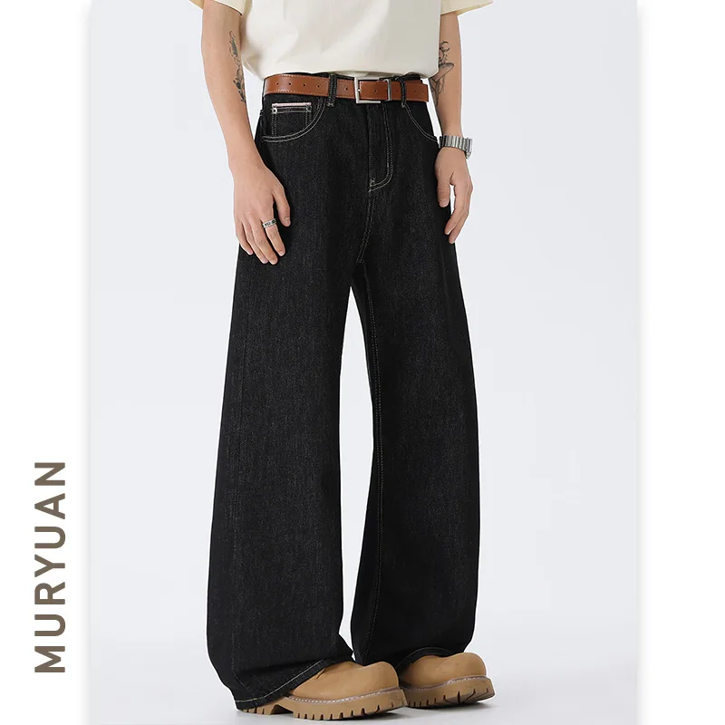 American Vintage 2025 New Fashion Men's Black Casual Trendy Simple Basic Loose Straight Wide Leg Denim Trousers Male Jeans Pants