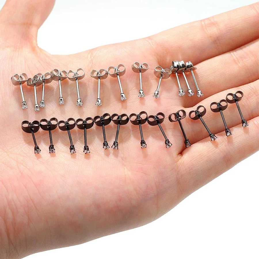6pairs CZ Earring Stud 2mm Round Ball Post Fit Stainless Steel Hypoallergenic Bead Earring Jewelry Men Women Fashion