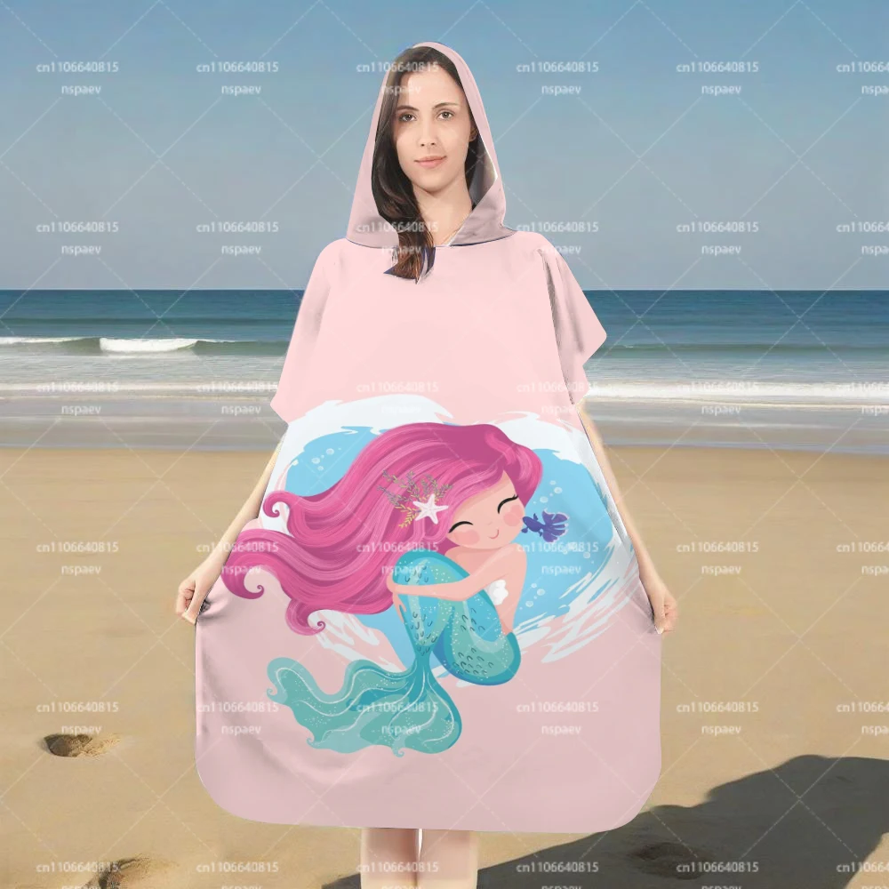 Parent-Child Pink Mermaid Hooded Bathrobe, Quick Dry Wearable Towel Poncho for Beach Swim Pool