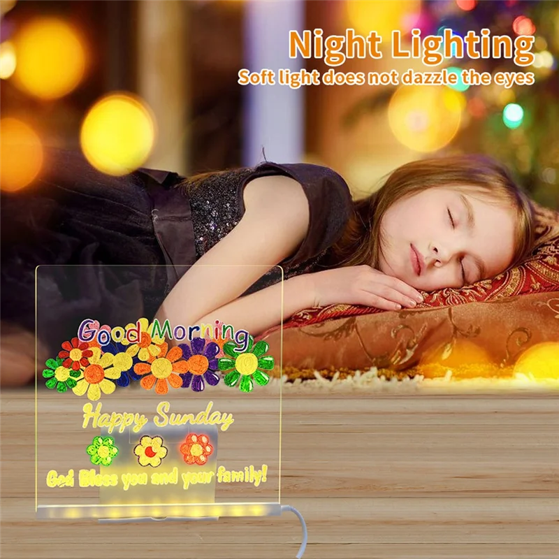 

ABTI-LED Luminous Draw Board With Night Light Colorful 7 Pens DIY Erasable Letter Message Board For Kids Birthday Gift 20X20