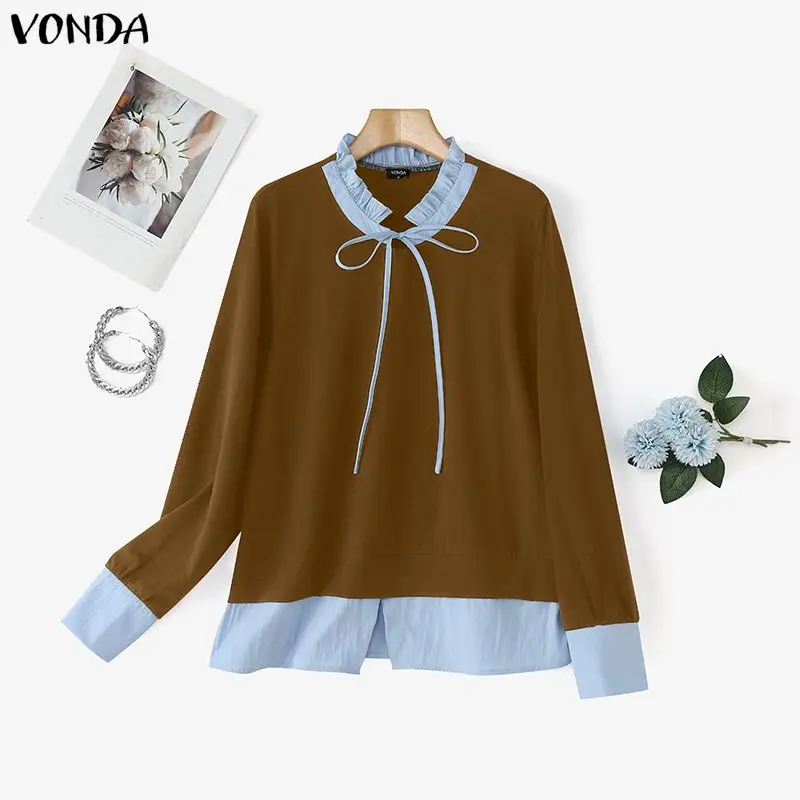 VONDA Elegant Office Blouse Women Fashion Shirts Color Patchwork Casual Tops Tunic Bandage Long Sleeve Street Blusas Femininas