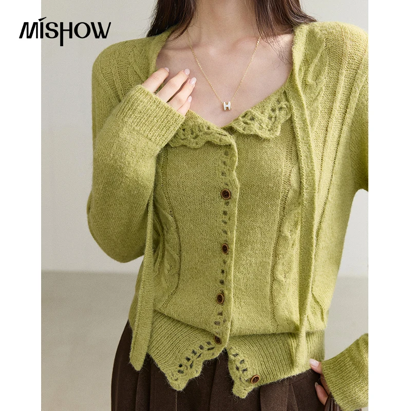 MISHOW Wool Blend Cardigan for Women Hollow Lace Trim Double Collar Knit Sweater 2026 Fall Long Sleeve Daily Knitwear MXF46Z3221