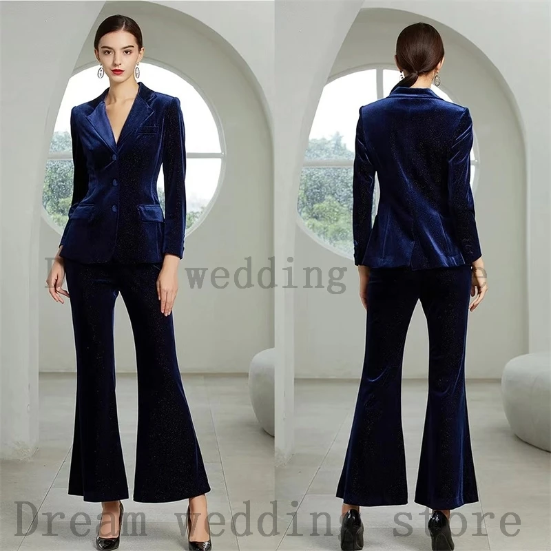 

Blue Velvet Women Suits Blazer+Flare Pants 2 Pcs Custom Made Prom Dress Formal Office Lady Party Gown Jacket Coat Женский костюм