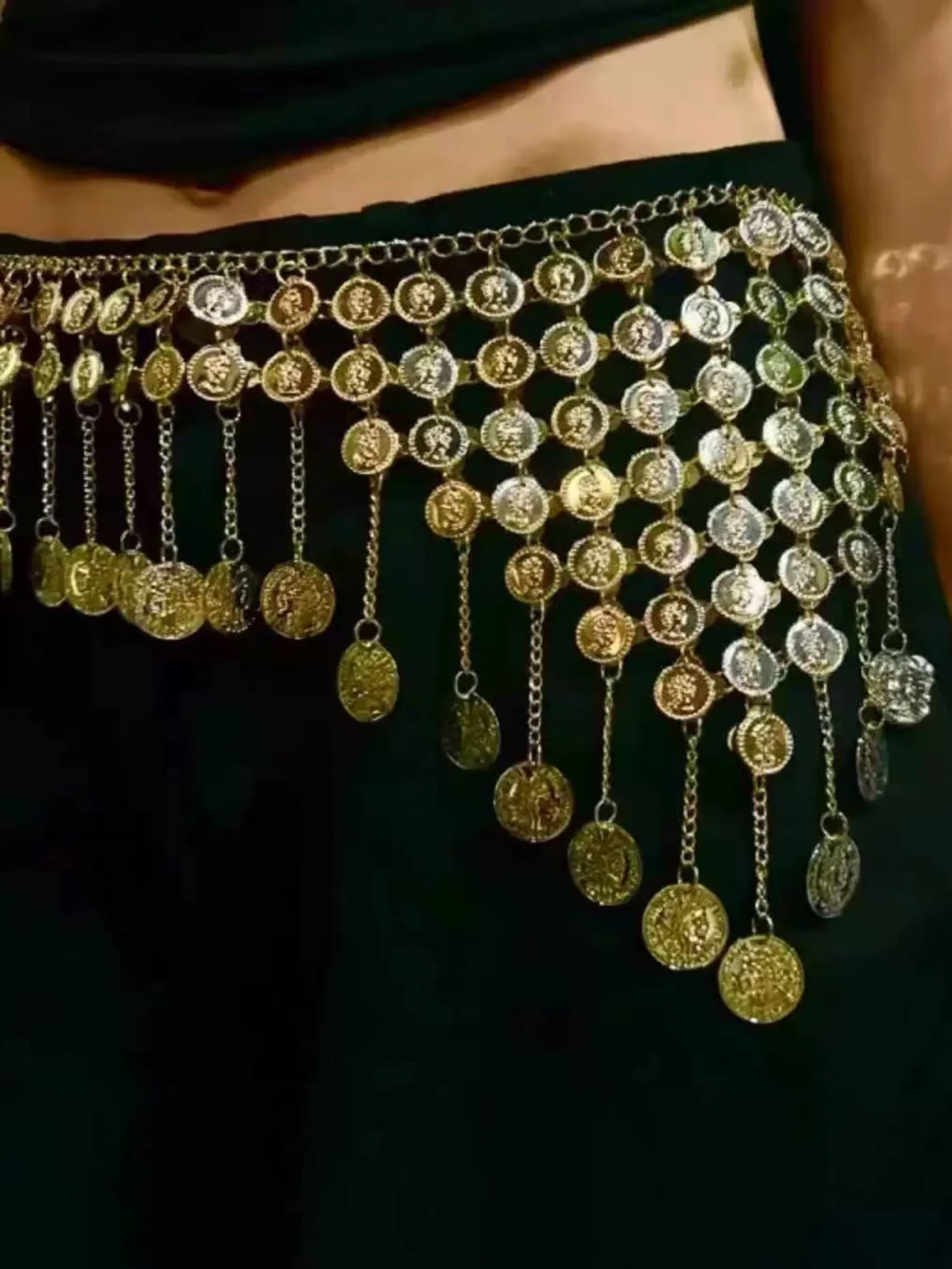 Boho Golden Coin Women's Belly Dance Gypsy Hip Skirt Scarf Wrap Belt for Cosplay Halloween Costume Accessory view 3