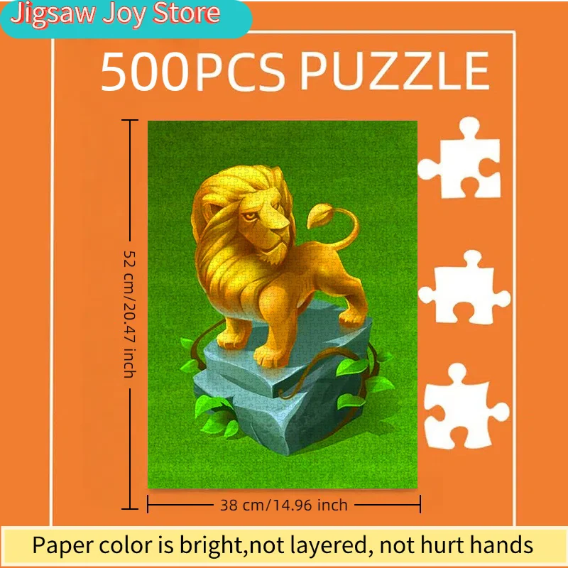 

Paper Puzzle, DIY Jigsaw Puzzle for Adults, Golden Lion Statue on Green Grass Stone Base - Relaxing Interactive Puzzle, Home