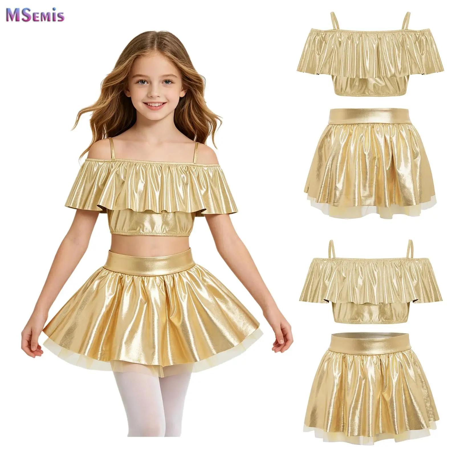 Kids Girls Metallic One Shoulder Ruffled Jazz Dance Crop Top Tutu Skirt School Show Cheerleading Hip Hop Street Dancewear