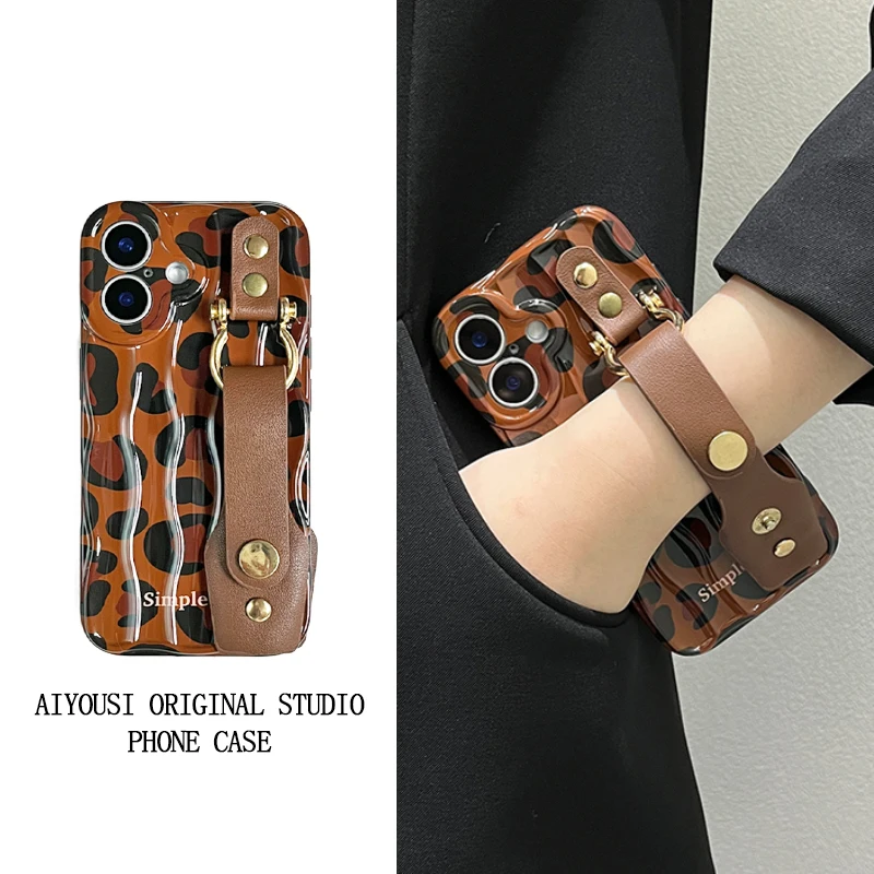 

Коричневый кожаный ремешок с леопардовым принтом для Apple 16promax, чехол для телефона iphone 15pro i14pro creative13promax, защита от падения