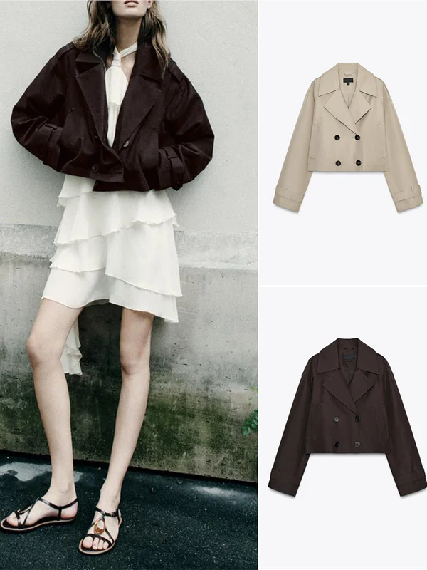 French Sle ort Double-breasted Long Sve Coat with ket Decorative Flip Collar Windbreaker for Women