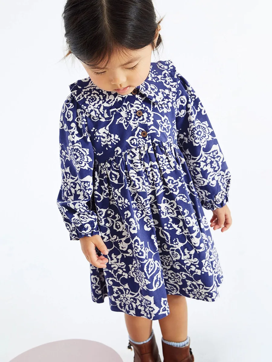 ملابس أطفال خريفي بناتي ملابس أطفال زهور زرقاء بأكمام طويلة فستان حفلات زي ربيعي قطني #2