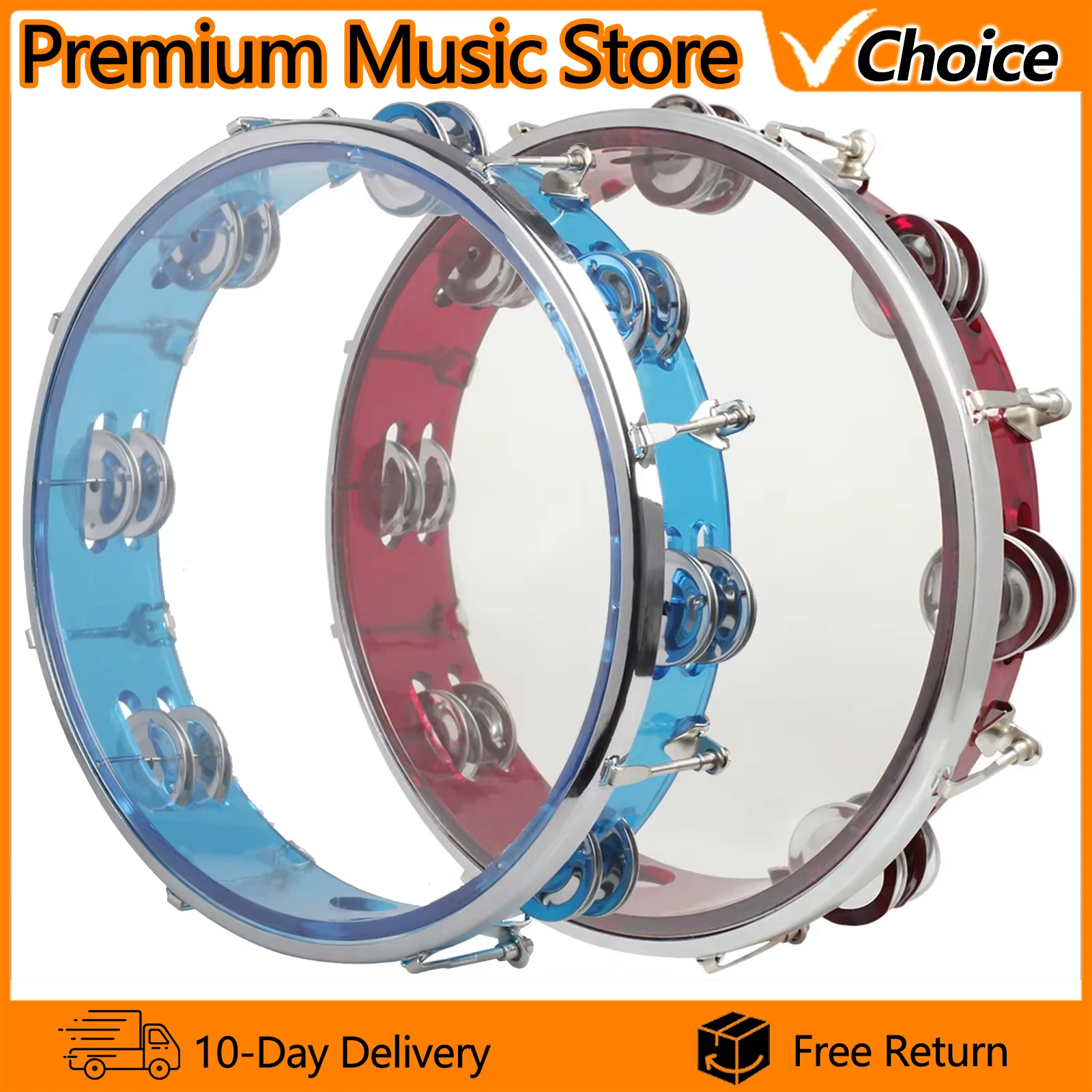 10 Inch Tambourine Percussion Instrument Self-Tuning Tone Hand Drum Double Row Jingles Bell Musical Educational Toys Gifts