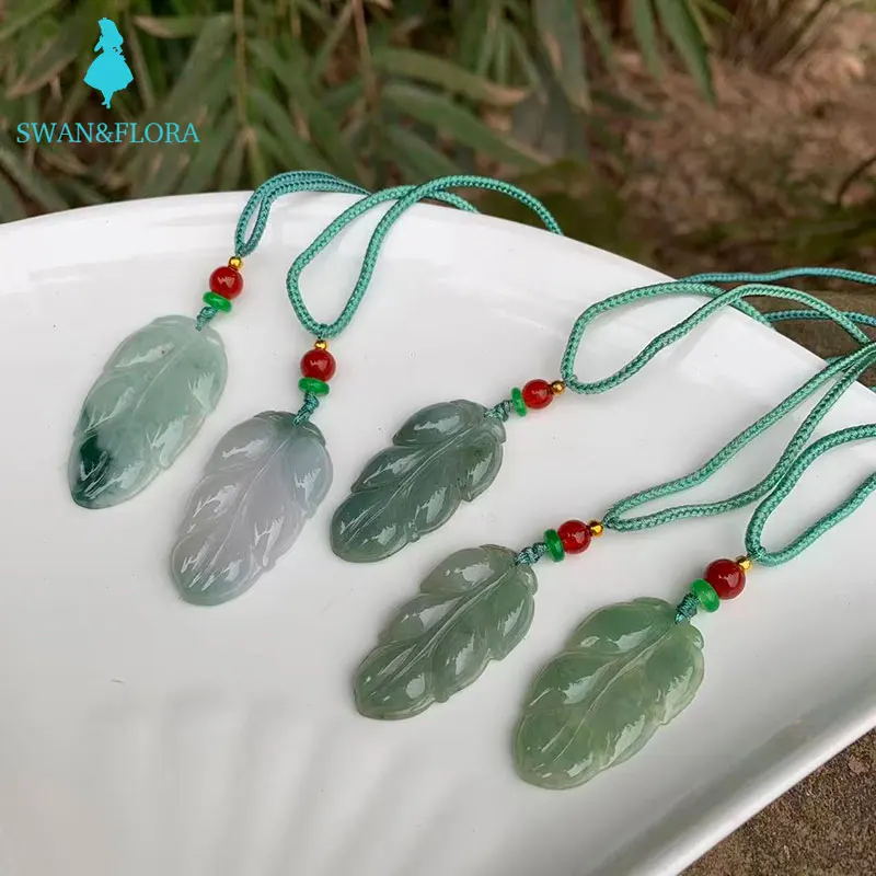 Natural Myanmar JADE Jadeite Leaf Pendant Necklace Gift Women Jewellery Fashion Accessories  Luck Amulet