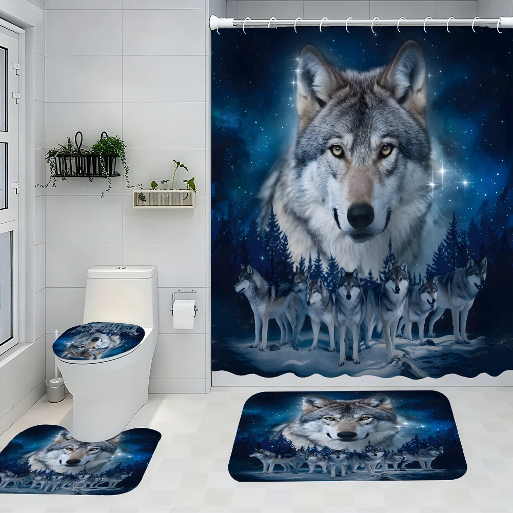 

Snow Wolf Bathroom Four-piece Set - Avant-garde Waterproof Shower Curtain, creating a complete bathroom suite