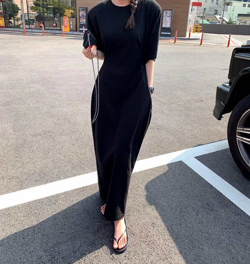 Chic ample femmes T-shirt Dr rond Ne côté bouton taille cintrée jupe longue coréen Sle taille haute coton été Dr