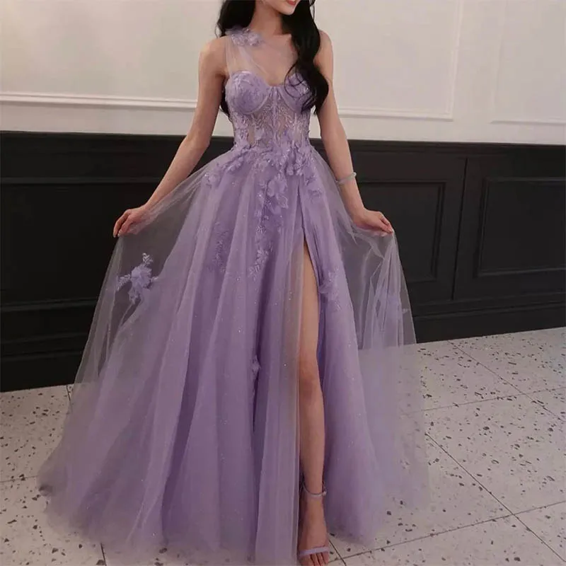 Elegant  Formal Party Gown Celebrity Prom Dresses Lilac A-LINE One Shoulder Split Long Evening Dresses