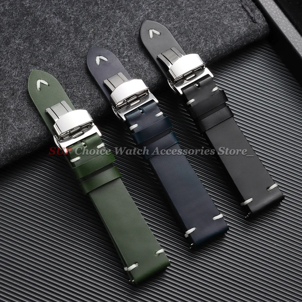 Vintage Ölwachs-Leder Uhrenarmband mit Schmetterlingsverschluss Genähtes Rindslederband 18mm 20mm 22mm Armband für Seiko für Omega Uhrenarmband – Detail 13