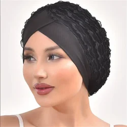 Fashion Women Ruffle Lace Turban Cap Elastic Islamic Female Solid Color Head Wraps Muslim Headscarf Lady Beanie Caps