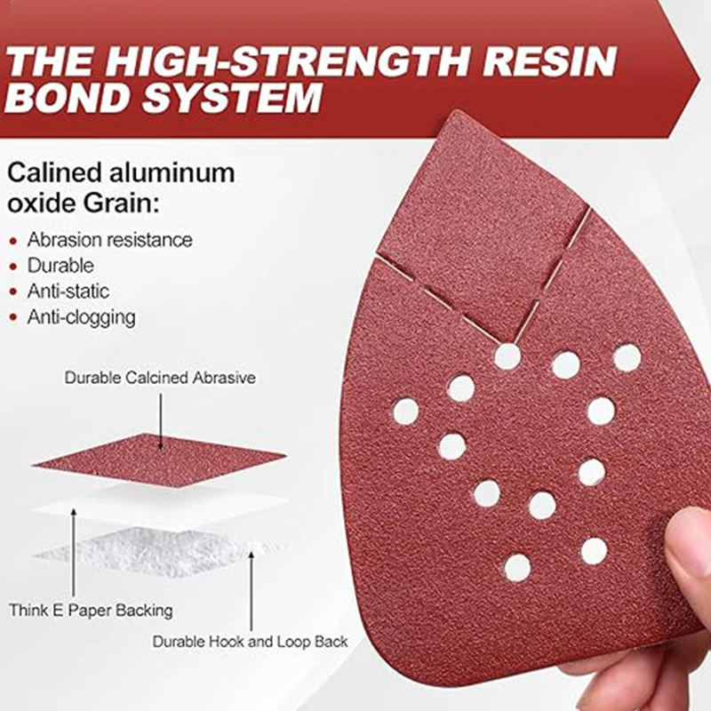 Triangle 12-Hole Sandpaper 135x98mm, Hook & Loop Red Abrasive tools for Detail Sander, Ideal for Corner & Tight Spaces
