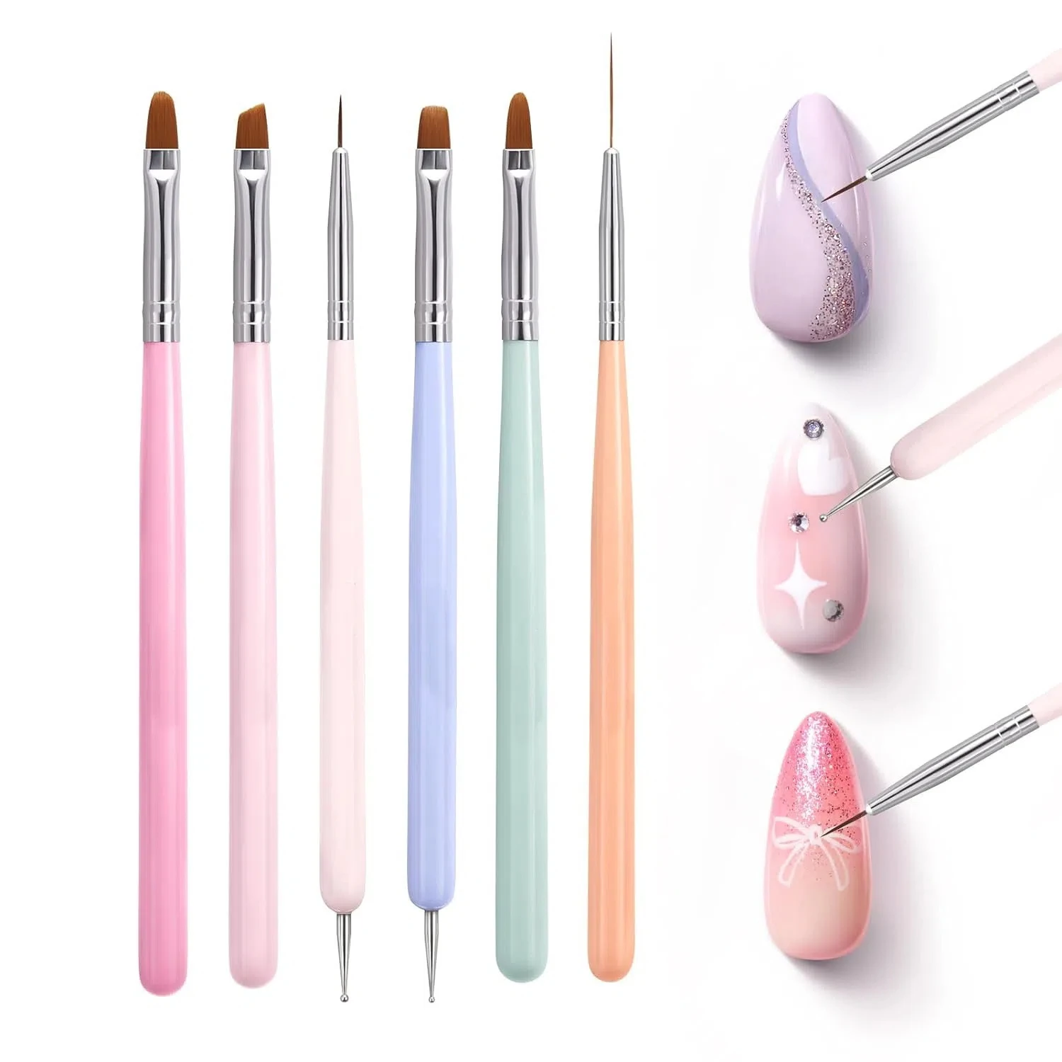 6Pcs Macaron Colors Nail Art Brush Set Wooden Handle Brushes Line Extenssion DIY Manicure Nail Art Paint Pen Accessories Tools