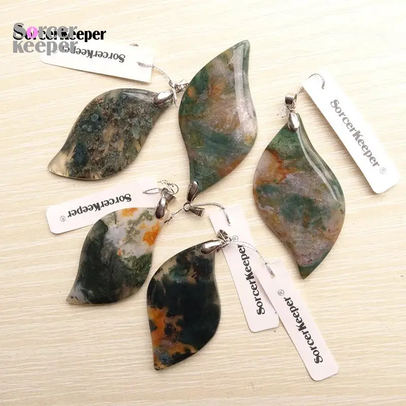 SorcerKeeper Women Men Fashion Jewelry Natural Dendritic Moss Agates Stone Leaf Pendant Necklace Gift For Jewelry Making BH145H