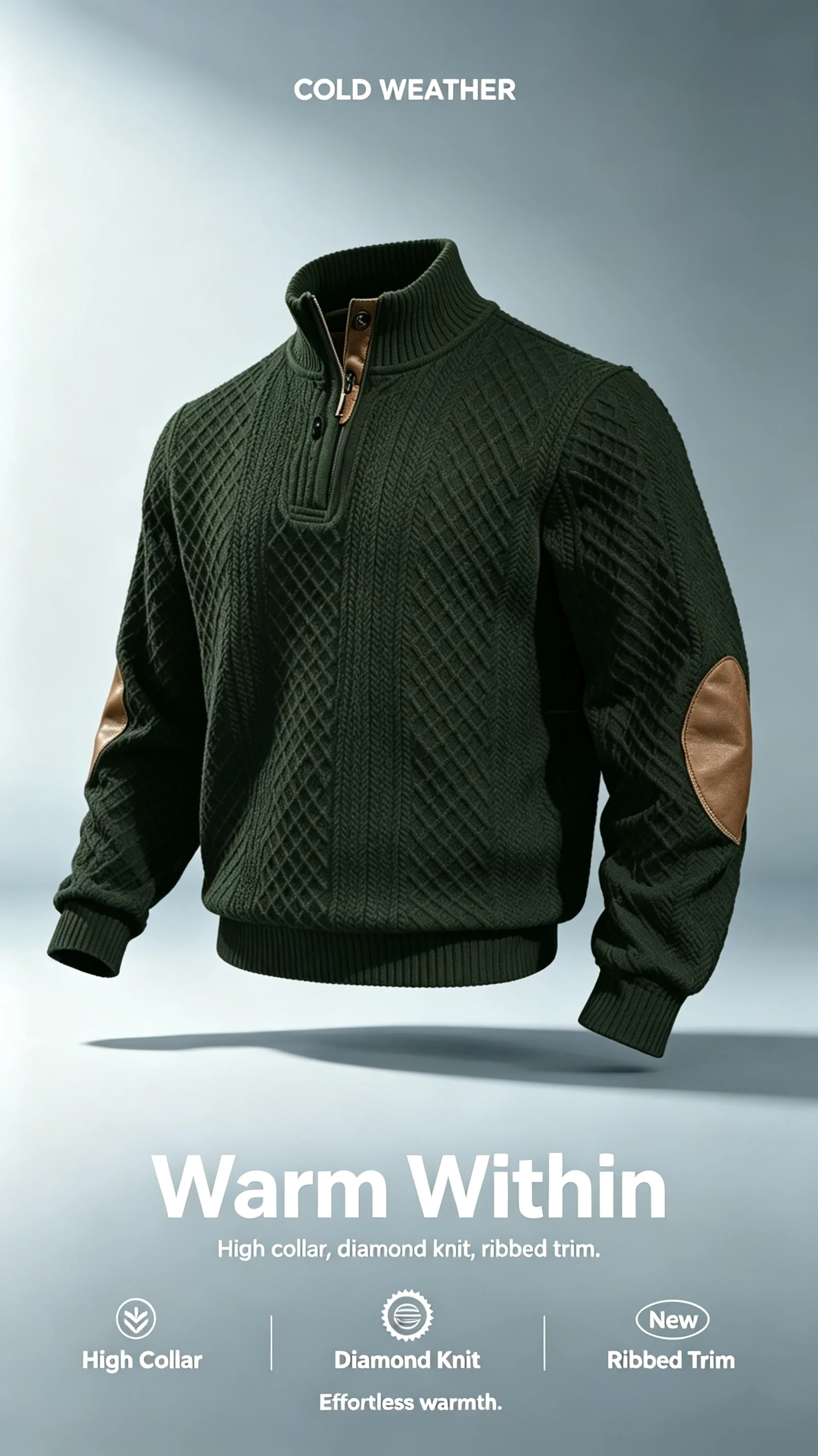 Herren Stehkragen-Pullover mit Knöpfen, Pferde-Stickerei, Diamant-Strickmuster, Ellbogen-Patch, Langarm, Herbst-Warmer Freizeitpullover – Detail 1