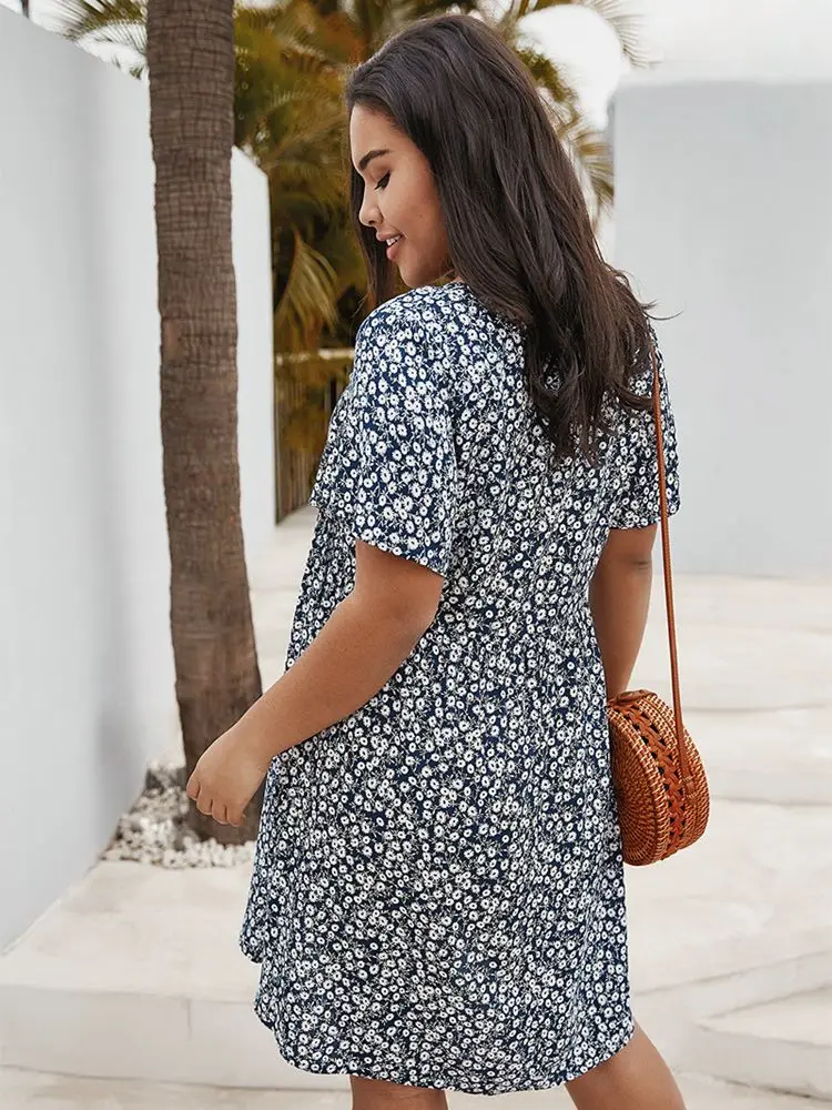 여름 코튼 뉴 플러스 사이즈 캐주얼 드레스 패션 숙녀 섹시한 v 넥 꽃 짧은 소매 드레스