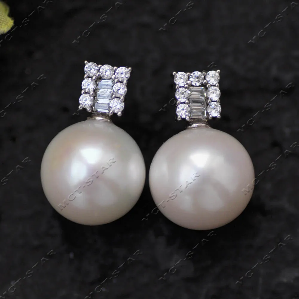 Z14548 A++ 12.5mm White Round Freshwater Pearl Zircon CZ Earring 925silver
