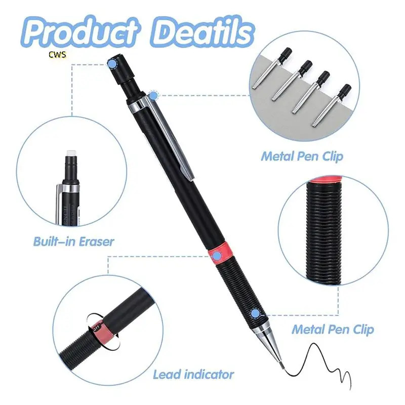 مجموعة أقلام رصاص ميكانيكية 4 قطع مع عبوات 52 HB (0.3، 0.5، 0.7، 0.9 مم)، أقلام رصاص أوتوماتيكية مع ممحاة 2 للرسم