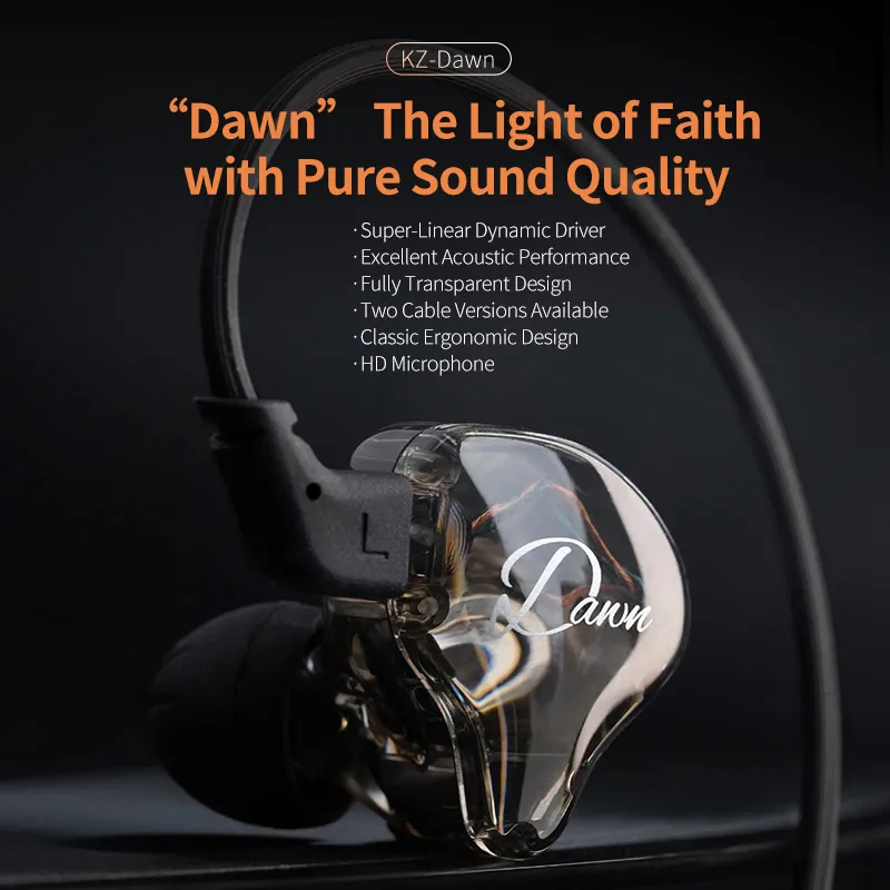 KZ Dawn Unidad de controlador dinámico de gran diámetro de 10 mm Auriculares intrauditivos Monitor de alta fidelidad Calidad de sonido Auricular Chapado en plata/Cable plano OFC