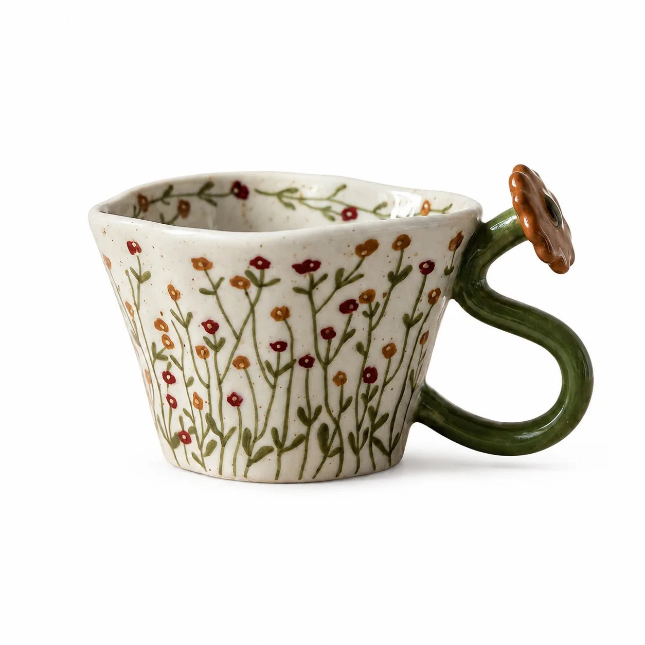 Cute Handmade Ceramic Coffee Mug, Hand‑painted Floral Pattern with 3D Flower Handle, Irregular Pottery Tea Cup for Breakfast