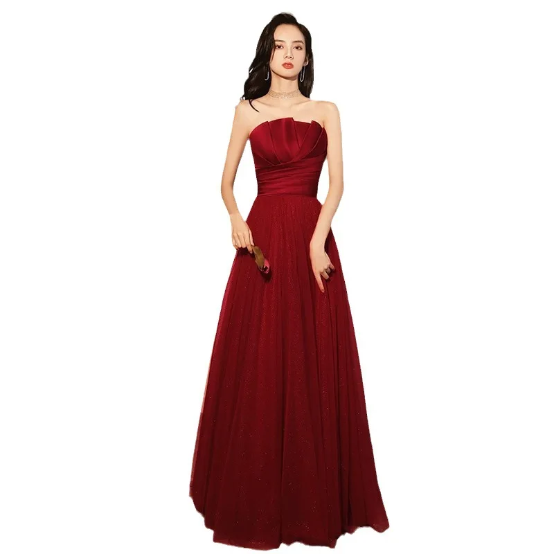 Elegant Strapless Back Lace Up Pleated Long Formal Evening Wedding Party Dress Bungundy