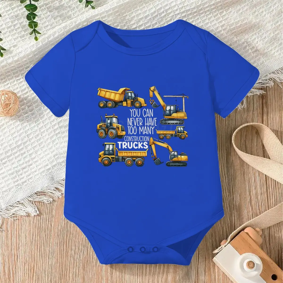 Baby Boy Construction Truck Onesie Excavator Truck Graphic Bodysuit Cotton Infant Short Sleeve Romper Too Many Trucks Jumpsuit
