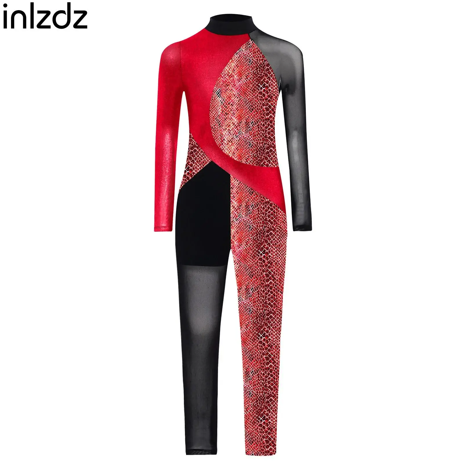 

Child Girls Ballet Gymnastics Jumpsuit Long Sleeve Mesh Metallic Snakeskin Bodysuit Figure Skating Performance Fashion Clothes