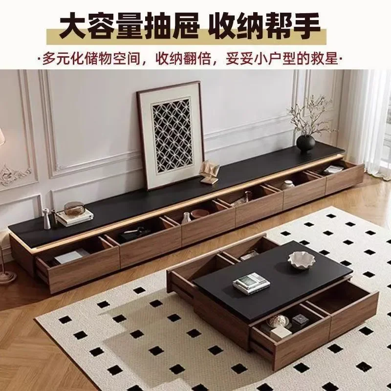 Italian Minimalist Walnut Living Room TV Cabinet and Coffee Table Combo Smart Floor Storage Unit Modular Splicing Design