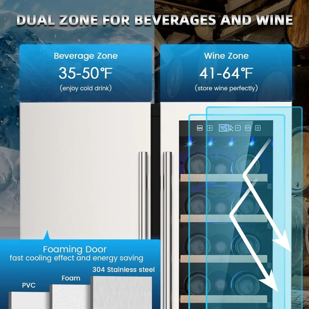 Wine and Beverage Refrigerator, 24 Inch Dual Zone Wine Fridge with Safety Locks, Under