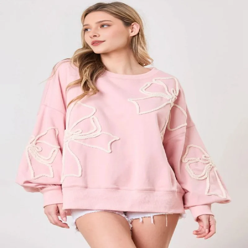 Women'S Cute Bow-Knot Casual Lantern Long Sleeve Crew Neck Sweatshirts Fall Loose Fit Y2k Pullover Tops