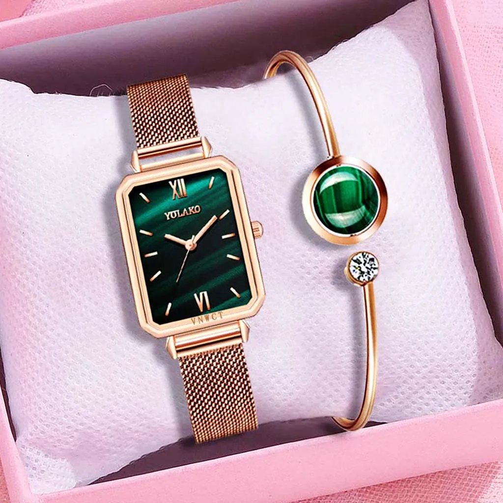 

Brand INS Women Watches Fashion Square Ladies Quartz Watch Bracelet Set Green Dial Simple Rose Gold Mesh Luxury Women Watches