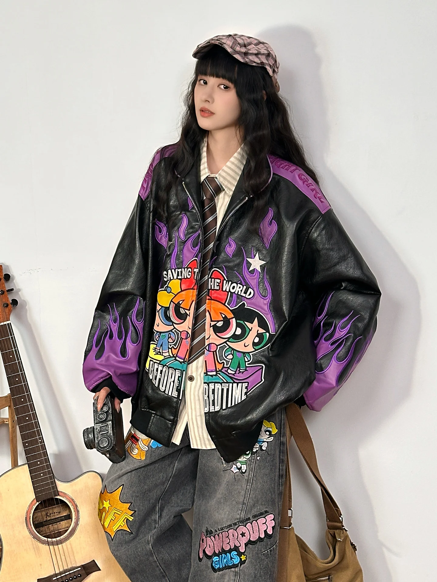 Original American Retro Fire Girl Embroidered Patchwork Leather Jaet Women's Trendy Streetwear Warm Long Sve Zipper Coat