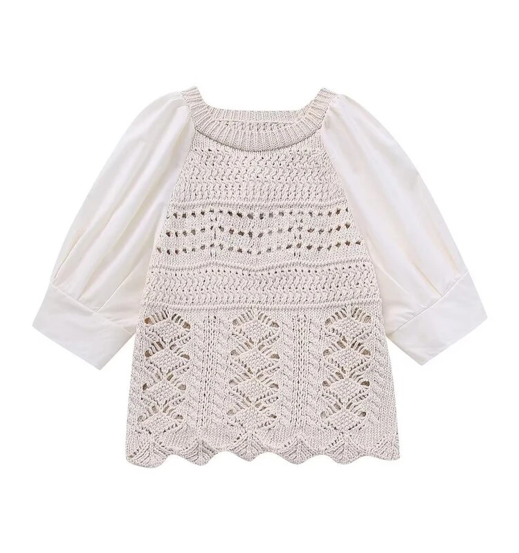 

Autumn New Sle Women's ort Spliced Sve Knitted Sweater Versatile Faion Design Pure Color Commute Suitable