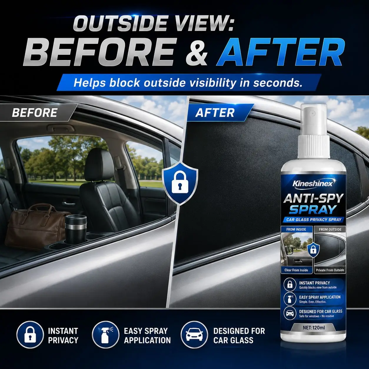 120mL Window Privacy Spray,Temporary Frosted Glass Coating for Side and Rear Window,Privacy Protection for Car & Home Anti-Theft