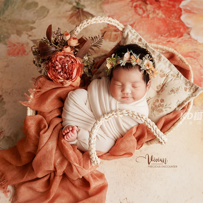 

0-1Month Newborn Photography Props Floral Theme White Baby Wrap Headpieces Blanket Posing Pillow 5pcs Studio Photoshoot Costumes