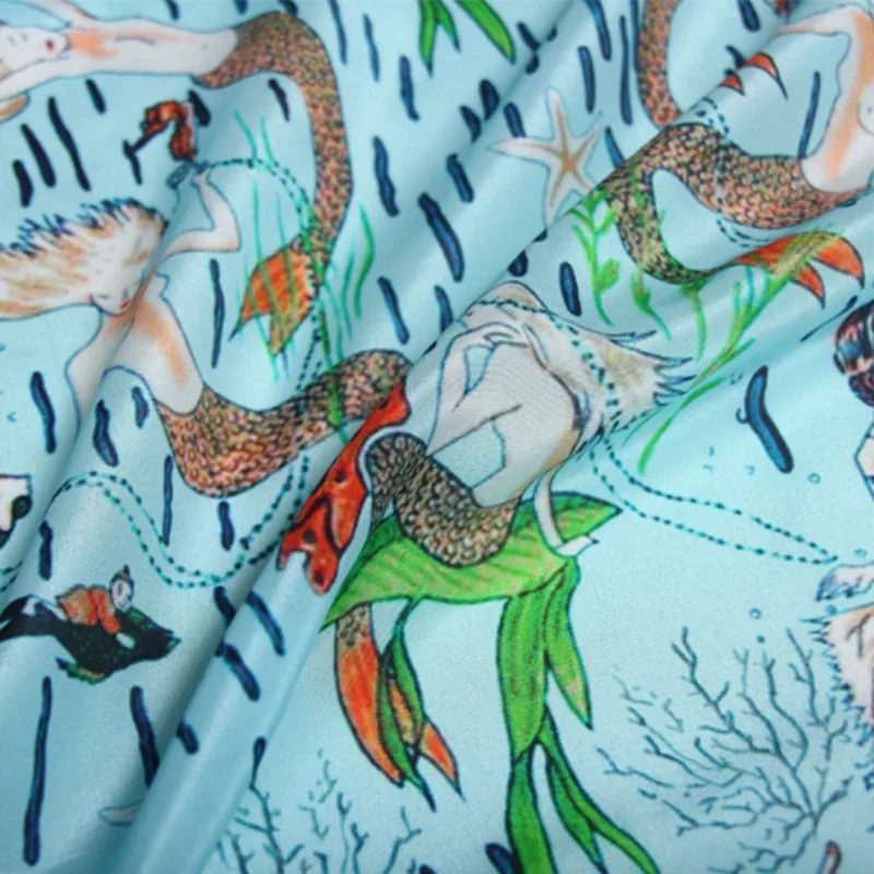 110CM Wide 12MM Thin Silk Crepe de Chine Fabric for DIY Sewing Summer Dress Pants Pajamas with Mermaid Print on Blue R1834
