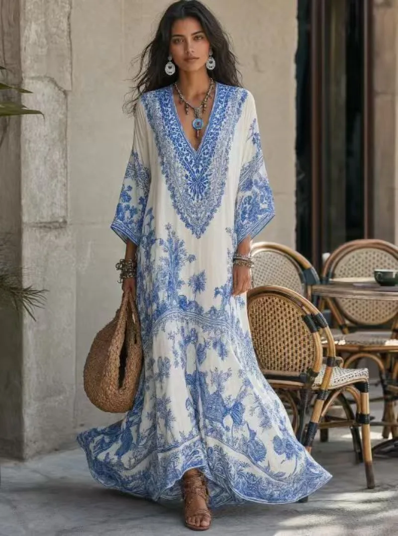Boho Damen Kaftan-Kleid Blaues Muster V-Ausschnitt Weite Ärmel Übergroßes Langes Kleid Locker Fließendes Urlaubs-Party-Strandkleid – Detail 1